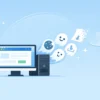 Стилизованный монитор и летающие призраки-файлы, символизирующие очистку временных данных и cookies.